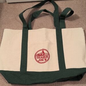 Trader Joe's Full Size Cream and Green Tote Bag NWOT